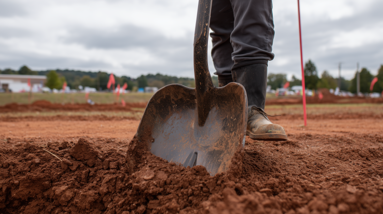 Shovel breaking ground in red clay at a construction site with survey flags in the background.