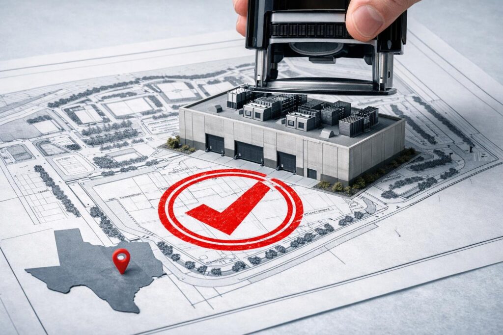 Close-up photo-illustration of a data-center model on a site-plan blueprint stamped with a red approval check over a Texas map pin.