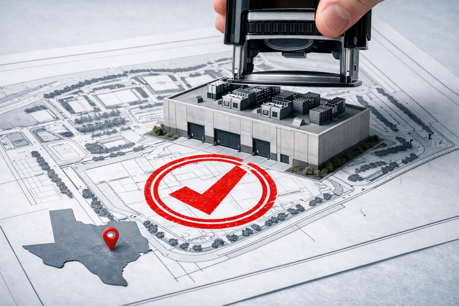Close-up photo-illustration of a data-center model on a site-plan blueprint stamped with a red approval check over a Texas map pin.