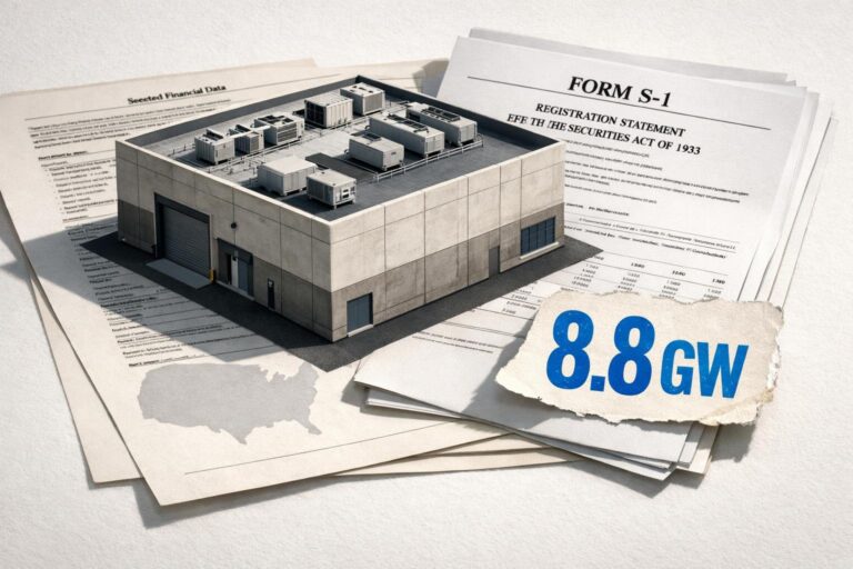 Data center model atop an open prospectus with a stamped “8.8 GW” tag and faint US map underneath.