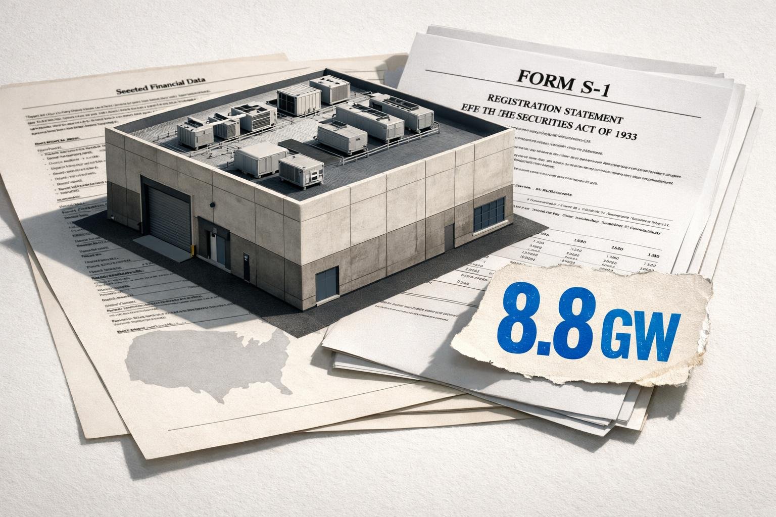 Data center model atop an open prospectus with a stamped “8.8 GW” tag and faint US map underneath.